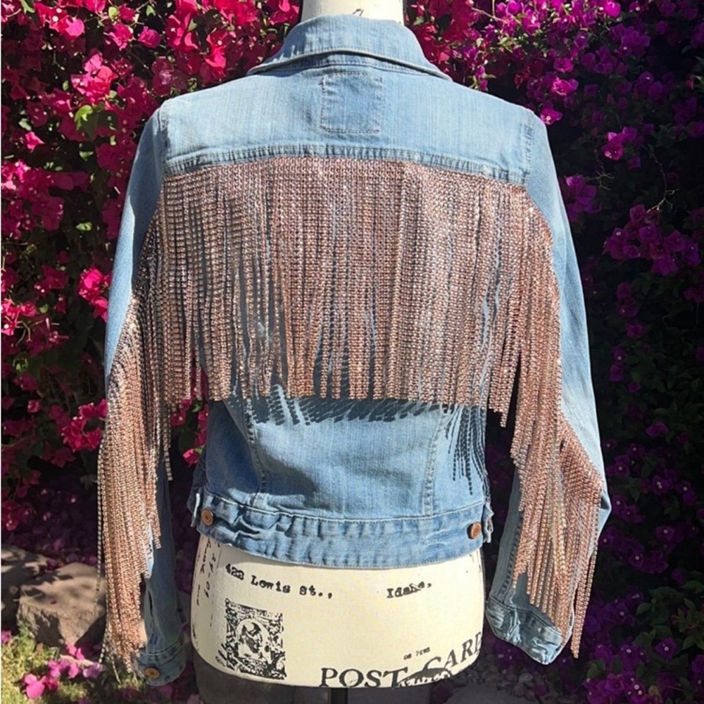 H&M denim jacket with rose gold fringe